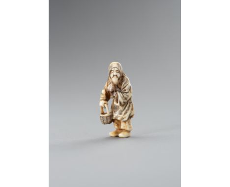 A SMALL IVORY NETSUKE OF TOBOSAKU SENNINJapan, 19th centuryThe peach sennin standing and holding a fruiting peach branch in o