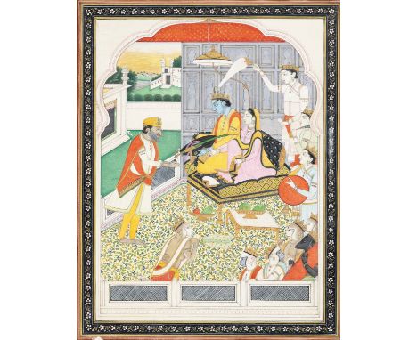 AN INDIAN MINIATURE PAINTING OF MAHARAJA GULAB SINGH (1792-1857) WORSHIPPING RAMA AND SITAIndia, Punjab Hills, 19th century. 