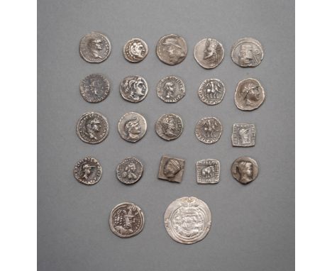 A GROUP OF 22 SILVER COINSWestern Asia, 250 BC - 700 AD. Consisting of a large silver drachme of the Sasanian king Khosrow II