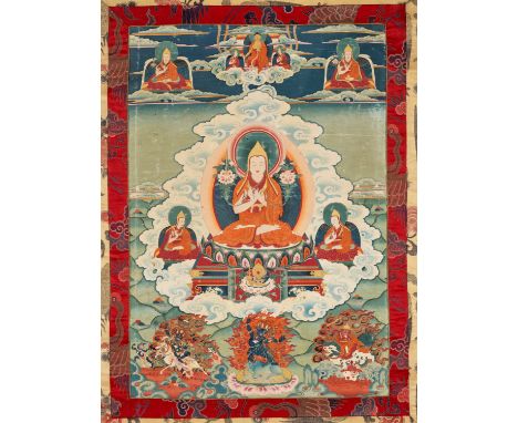A THANGKA OF TSONGKHAPA EMANATING FROM THE HEART OF MAITREYATibet, 18th-19th century. Distemper and gold on cloth. Seated in 
