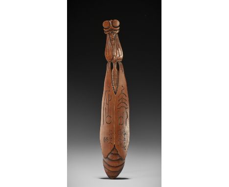 JOSUI: A LARGE BAMBOO SASHI NETSUKE IN THE SHAPE OF A MANTISBy Josui, signed Josui 如水Japan, Nara, dated 1872The sashi netsuke