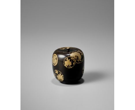 A LACQUER KORO (INCENSE BURNER) AND COVER WITH MONSJapan, 19th century, Edo period (1615-1868)The rounded sides rising from a
