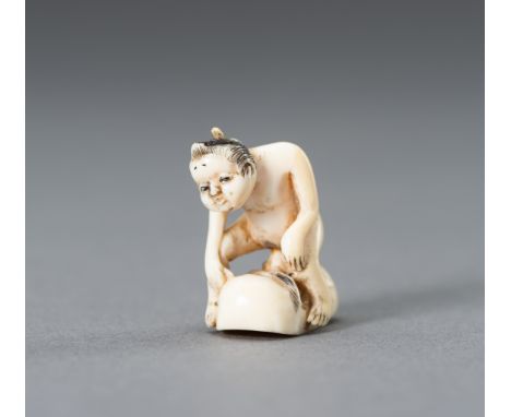 MASATSUGU: AN IVORY SHUNGA NETSUKE OF OKAME WITH TENGU MASKBy Masatsugu, signed Masatsugu Japan, late 19th century Finely car