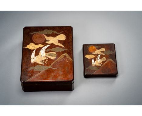 A LARGE LACQUER FUBAKO AND A SUZURIBAKO WITH BIRDS, TAISHOJapan, c. 1920Consisting of a large rectangular fubako (letter Box)