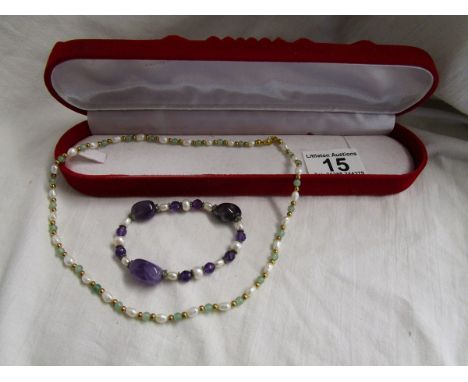 Amethyst & pearl bracelet together with a pearl & sardonyx necklace