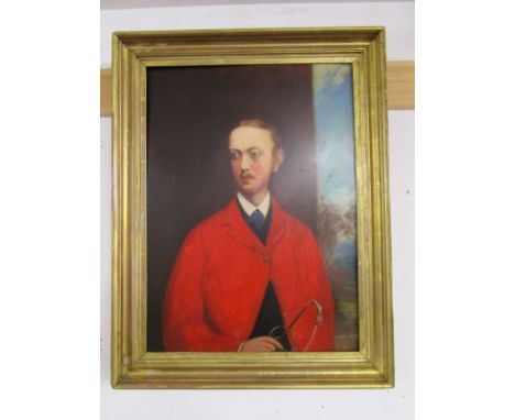 Fine 19C oil on board - Portrait of William Selby Lowndes, dressed with Red hunting jacket with crop