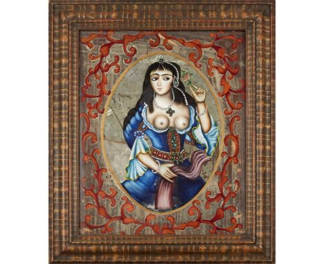 TWO PAINTED PERSIAN MIRRORS19TH CENTURY each of rectangular form, the first depicting a semi-nude female within an oval reser