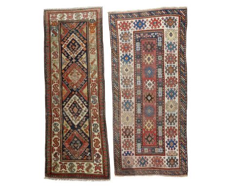 TWO KAZAK RUNNERSSOUTH CAUCASUS, LATE 19TH/EARLY 20TH CENTURY the first with red field with eight polychrome hooked lozenges,