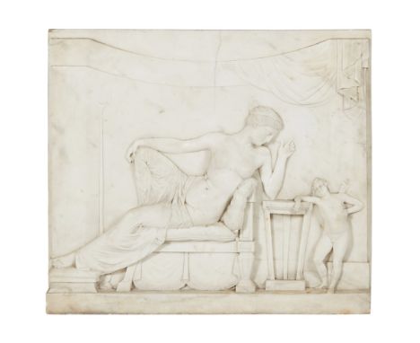 ITALIAN CARVED WHITE MARBLE PLAQUE OF VENUS AND CUPID19TH CENTURY of rectangular form, depicting the recumbent semi-nude Venu