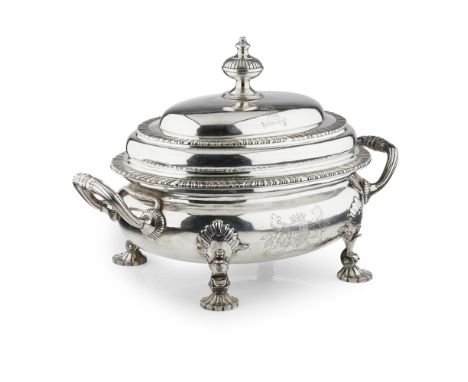 GEORGE III SILVER TUREENTHOMAS & JABEZ DANIELL, LONDON 1784 of oval outline, the cover of bellied form with gadrooned border 