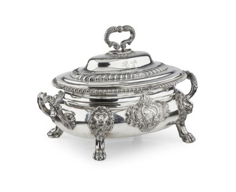 GEORGE III SILVER SOUP TUREENTHOMAS ROBINS, LONDON 1810 of oval outline and baluster bellied form with cast acanthus handles 