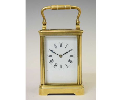 Early 20th century French gilt metal cased carriage timepiece, the white enamel Roman dial with blued steel hands, glazed roo