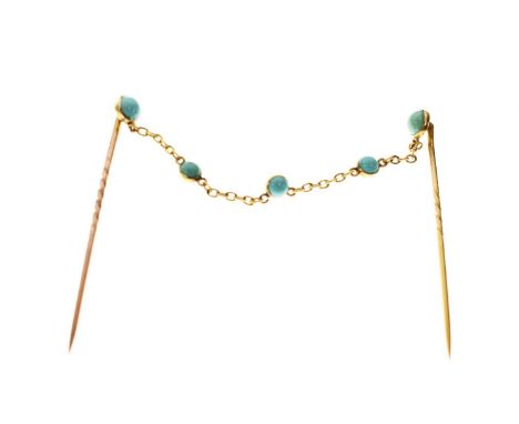 Turquoise double stick pin, the chain link interspersed with three turquoise cabochons, and one to the top of each pin, unmar