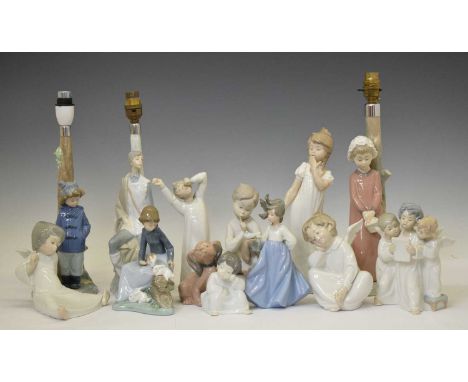 Three Nao porcelain figural lamps, together with a quantity of Lladro angles and other Nao figures, 32cm high and smaller (ex