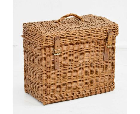 Wicker picnic/wine hamper with brown leather buckles, 40cm x 26cm x 36cm high 