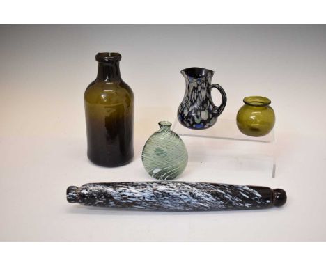 Collection of 19th century Nailsea-type glass, to include rolling pin and cream jug, both with opaque and coloured inclusions