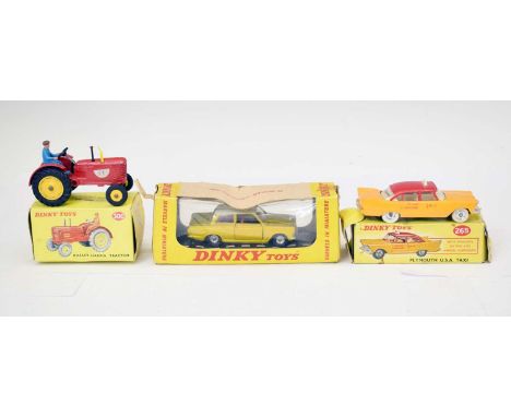 Dinky Toys - Three boxed diecast model vehicles comprising; 133 '1965 Ford Cortina', 265 'Plymouth USA Taxi' and 300 'Massey-