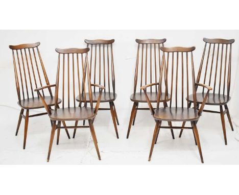 Ercol - Set of six (4 + 2 arm) Goldsmith Windsor stick back dining chairs, stamped beneath '1960 2056', 42cm (seats widest po
