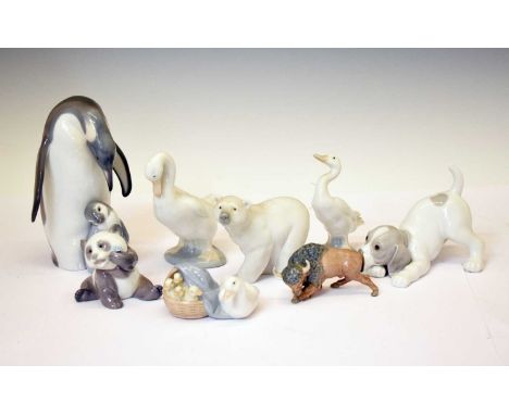 Lladro - Group of seven porcelain animals to include; 'Penguin Love' (8414), 'Happy Panda' (8357), 'Ducklings' (4895), etc., 