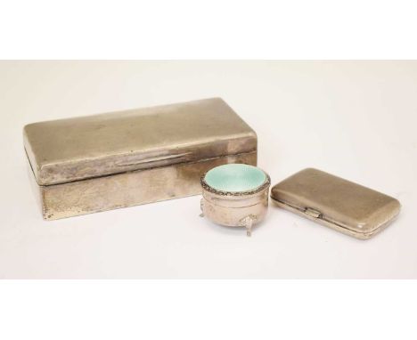 George V silver circular trinket box with enamel decoration, Birmingham 1924, 5.3cm diameter, a George V silver table top box