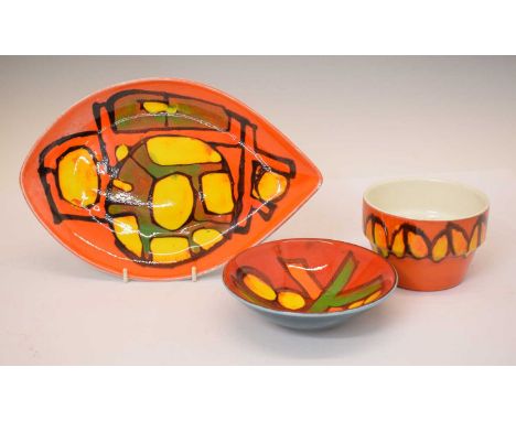 Poole Pottery - Three pieces of Delphis ware comprising; leaf-shape plate, small footed bowl and one other bowl, all with pai