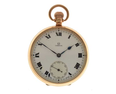 Omega - Gentleman's 9ct gold cased open-face pocket watch, the signed white enamel Roman dial with blued steel hands and seco
