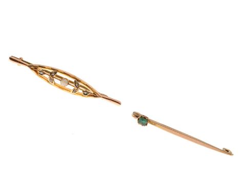 Edwardian opal and seed pearl 9ct brooch, a diamond set stick pin, stamped '15ct', and an unmarked yellow metal bar brooch se