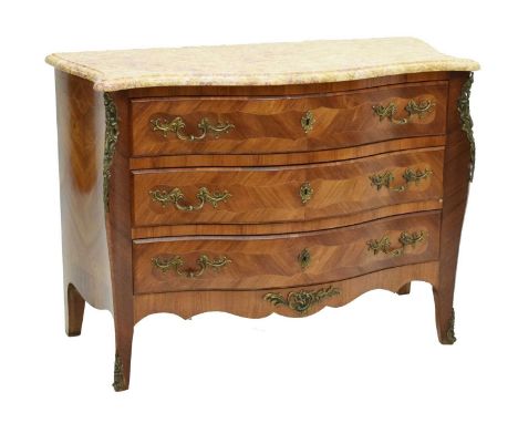 20th century French marble-topped kingwood serpentine commode chest of drawers, the moulded top over three 'book-matched' dra