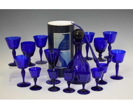 Bristol Blue decanter of recent manufacture and assorted glasses, and pipe, engraved marks, 26cm high and smaller