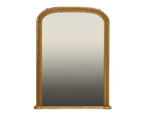 Early 20th century giltwood overmantel or console mirror, the arched plate within gadrooned, acanthus scroll and stiff leaf m