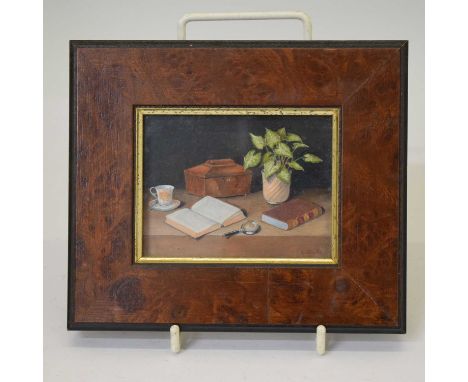 Enid Clarke, A.R.M.S. (1919-2020) - Miniature - Still life with books, caddy and potted plant, signed lower left, 6.5cm x 8.5