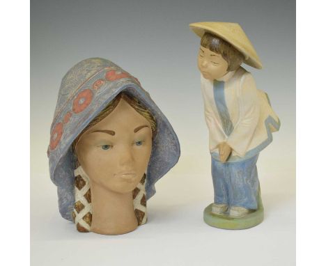 Lladro - Stoneware 'Senorita' bust, with wooden base, together with a Nao figure of a Chinese girl, 29cm high and smaller (2)
