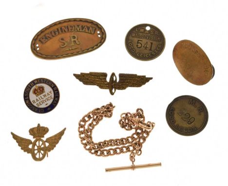 Mixed group of mainly railway-related items to include; German Railways (Reichsbahn) RBD Saarbrucken badge, L.M &amp; S.R Mid