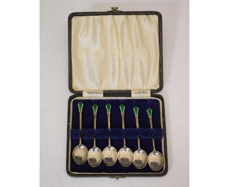 Cased set six George VI Art Deco style silver and green enamel coffee spoons, sponsor's mark of Haseler &amp; Restall, Birmin