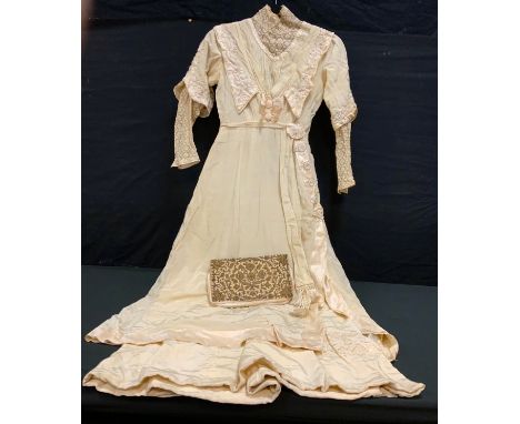 Fashion &amp; Textiles - a Victorian hand made wedding gown, high collared lace neck, embroidered floral V bodice and sleeves