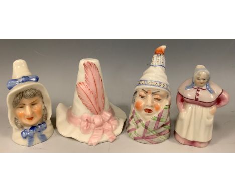 A pair of Royal Worcester candle snuffers Mr &amp; Mrs Caudle, puce marks;  others French Cook, Graingers Worcester hat (4) 