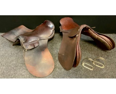 Outdoor Pursuits - a Barratts of Redditch leather English Saddle, 47.5cm x 19cm;  another Bliss &amp; Co, 45cm x 20cm, a pair