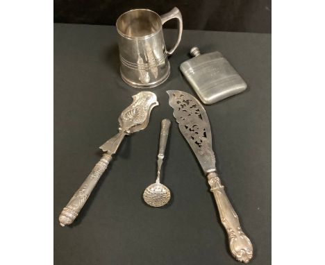 A pair of silver plated asparagus tongs, silver coloured metal handles,  silver hafted straining spoon,  Rexel Sales Champion