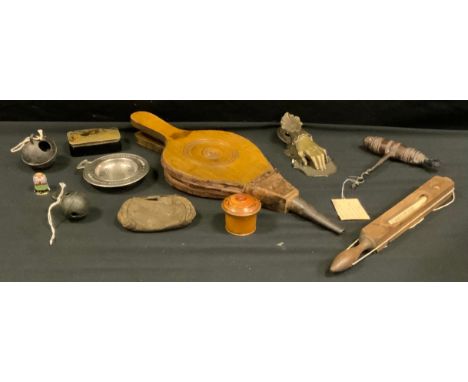 A 19th century barrel grip cork screw, c. 1820; an early 20th century dairy float thermometer; a small folk art treen box wit