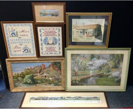M Sandell, mid 20th century, Baslow Post Office, signed and dated 1977, watercolour, 24cm x 33cm;  Cash silk panel, Canal Boa