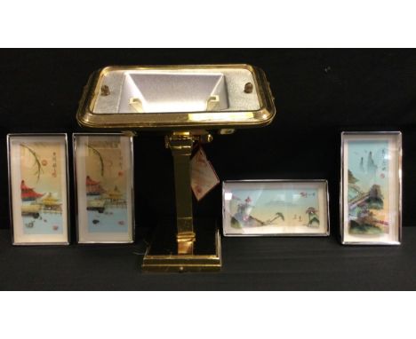 A Chelsom brass wall picture light, 30cm;  four Chinese shell pictures, 9cm x 18cn 