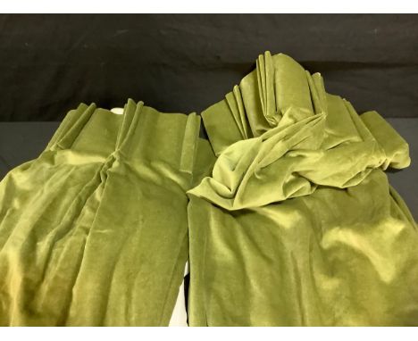 Pair of green cotton velvet curtains, 213cm long x 228cm wide 