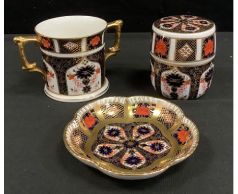 Royal Crown Derby 1128 pattern Imari footed bonbon dish, first quality; loving cup, second quality; cigarette table lighter, 