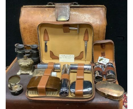 An 18th/19th century oval brass patch box, light planished patina;  travelling inkwell, crown money box, pair of steward of L