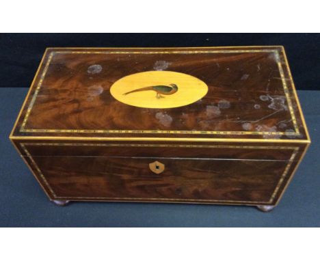 A large George III mahogany rectangular tea caddy, the hinged cover inlaid in coloured woods with a pheasant on an oval satin