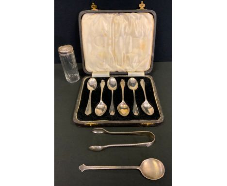 A set of six teaspoons, Birmingham 1948, cased;  a Robert Allison Glasgow silver caddy spoon, celtic scroll cast handle, hamm