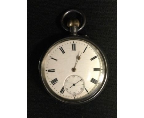 A J W Benson silver open face pocketwatch, cream dial, bold Roman numerals, subsidiary dial, button wind movement, London 190