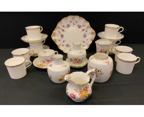 Royal Crown Derby - a set of eight Prince Consort pattern cups and saucers; Royal Antoinette bread plate, pair of Posies patt