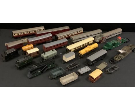 Tri-ang OO gauge - a four arm missile launcher wagon, others Search light, passenger carriages, shell tanker, grain trucks et