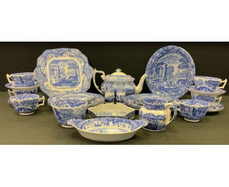 A Spode Italian pattern blue and white six setting tea and table service inc Teapot, cups, saucers hexagonal dish, boat dish,